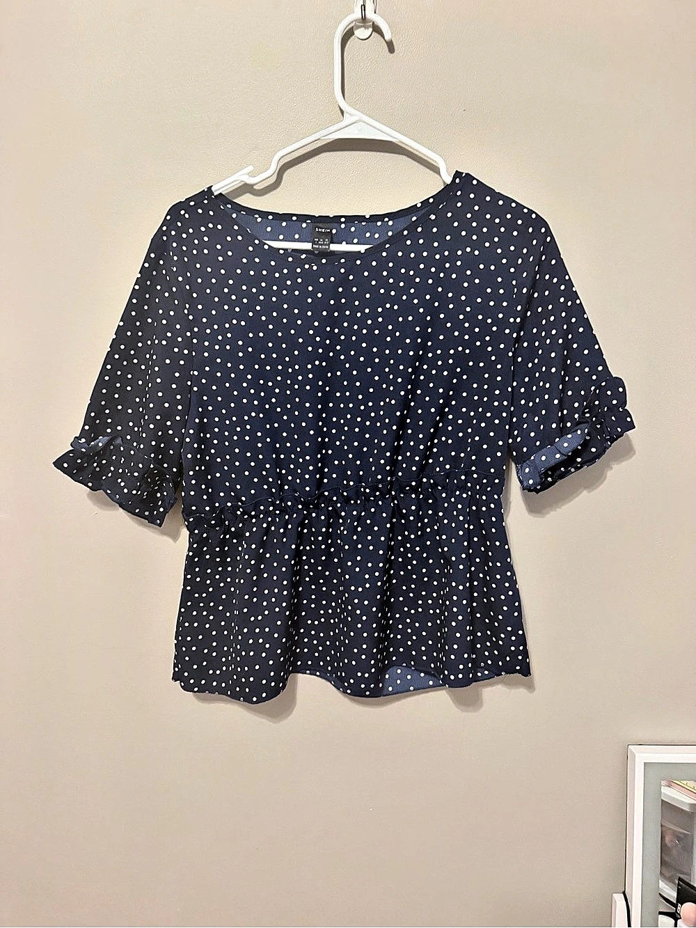 💙 SHEIN Navy Polka Dot Peplum Blouse – Size Large